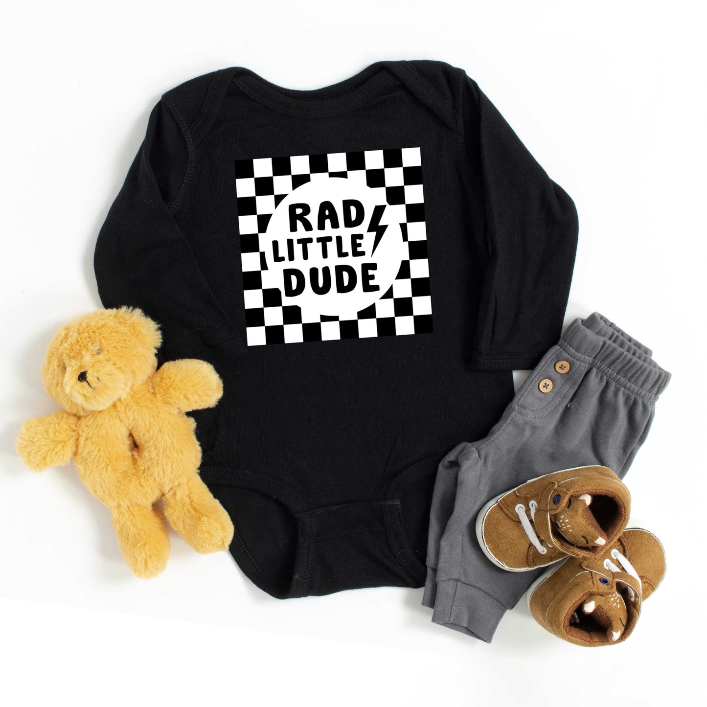 Rad Little Dude Checkered | Baby Graphic Long Sleeve Onesie