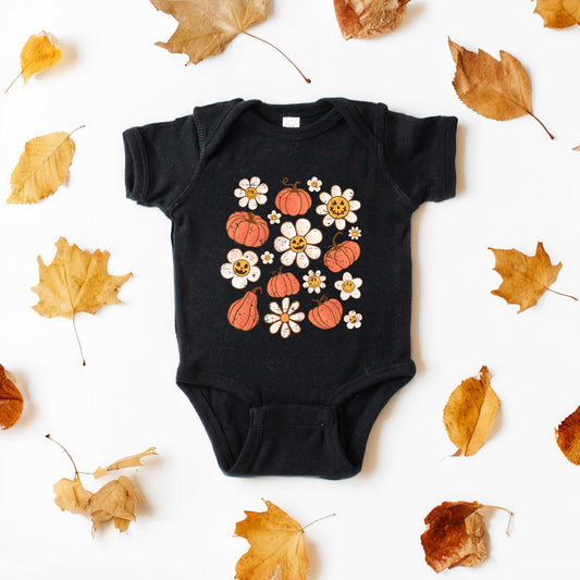 Distressed Flowers And Pumpkins | Baby Graphic Short Sleeve Onesie