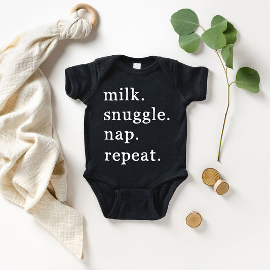 Milk Snuggle Nap Repeat | Baby Graphic Short Sleeve Onesie