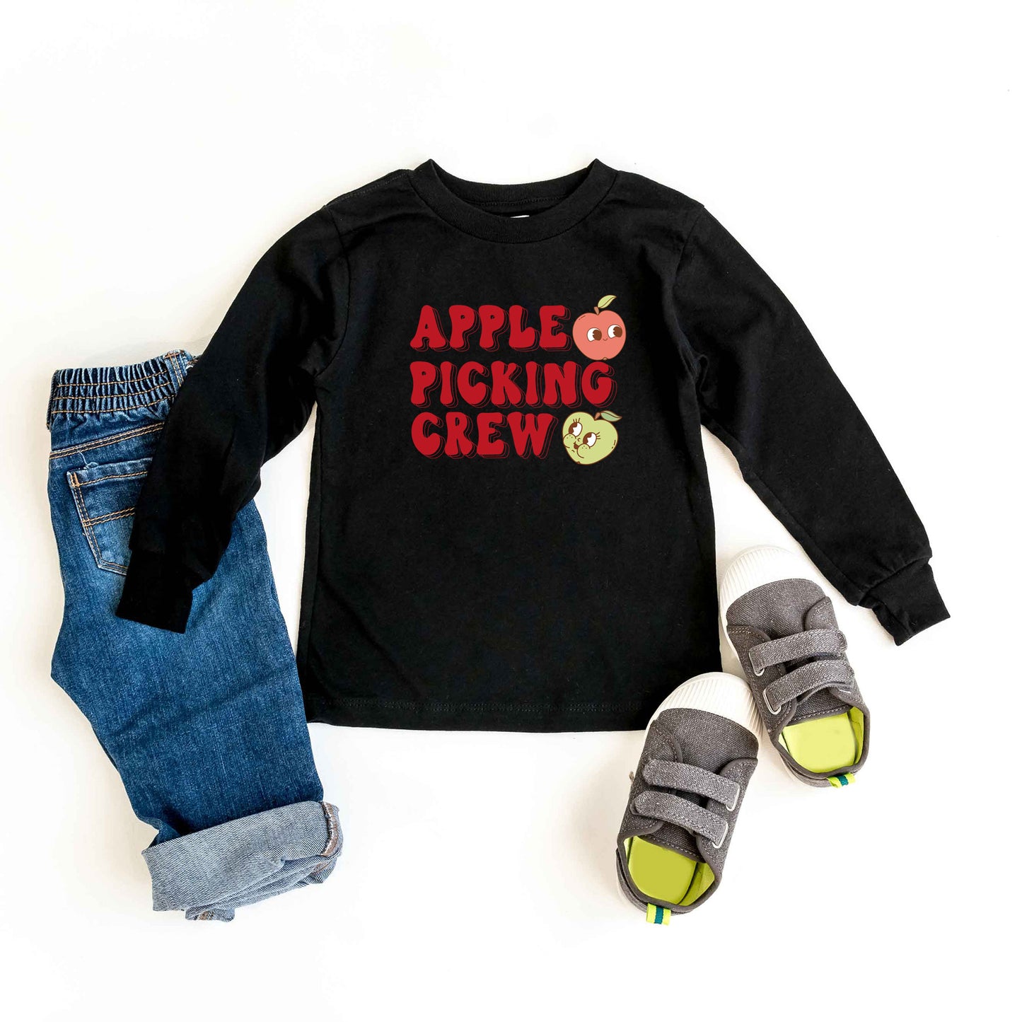 Cartoon Apple Picking Crew | Toddler Graphic Long Sleeve Tee