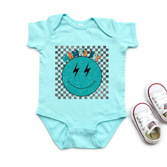 Mama's Boy Checkered Smiley Face | Baby Graphic Short Sleeve Onesie