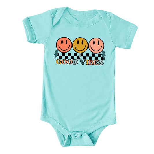 Checkered Good Vibes Smiley Face | Baby Graphic Short Sleeve Onesie