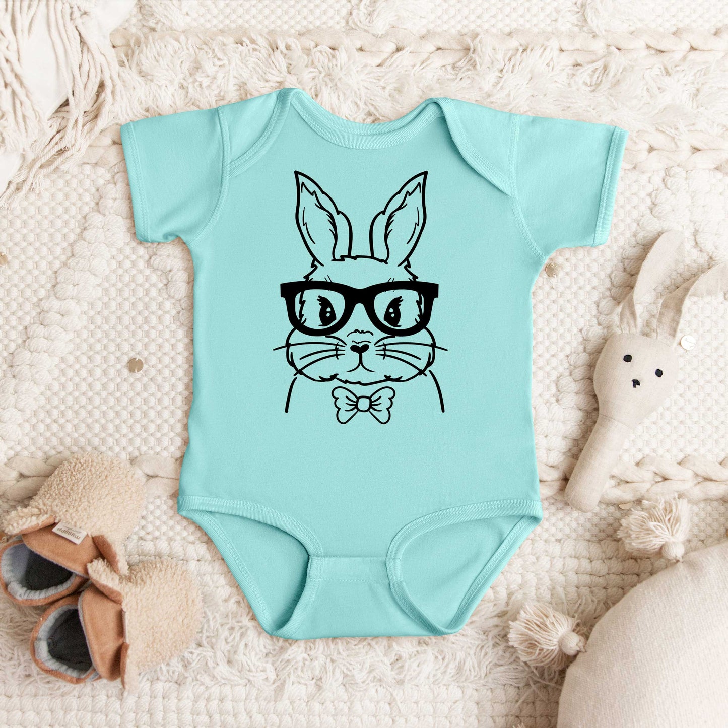 Bunny Face With Bowtie | Baby Graphic Short Sleeve Onesie