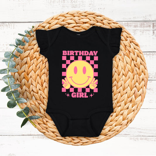 Birthday Girl Checkered | Baby Graphic Flutter Sleeve Onesie