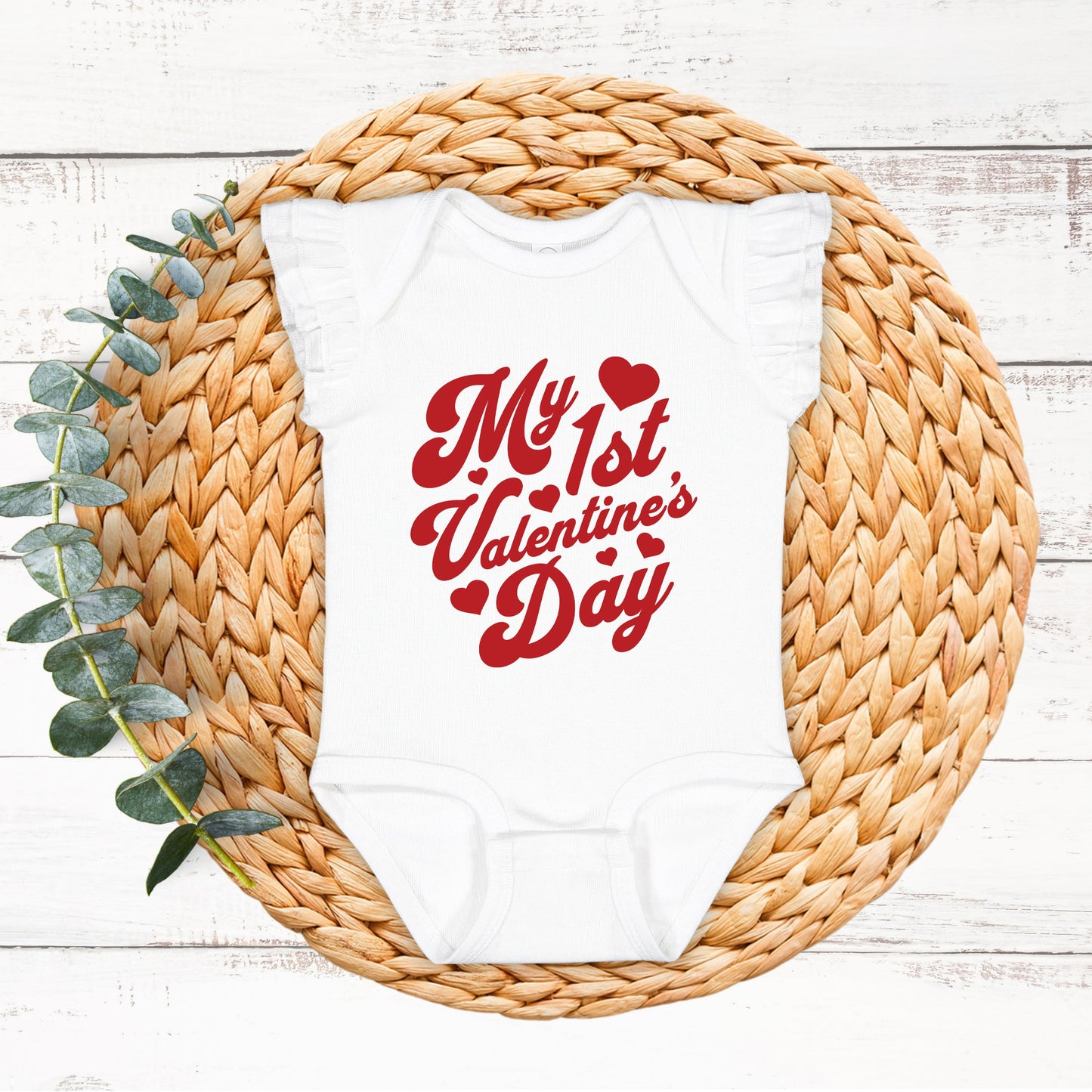 First Valentine's Cursive | Baby Graphic Flutter Sleeve Onesie