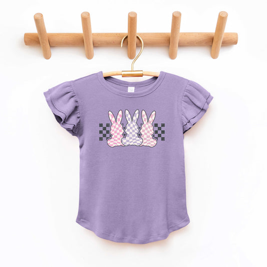 Checkered Triple Bunnies | Toddler Flutter Sleeve Crew Neck