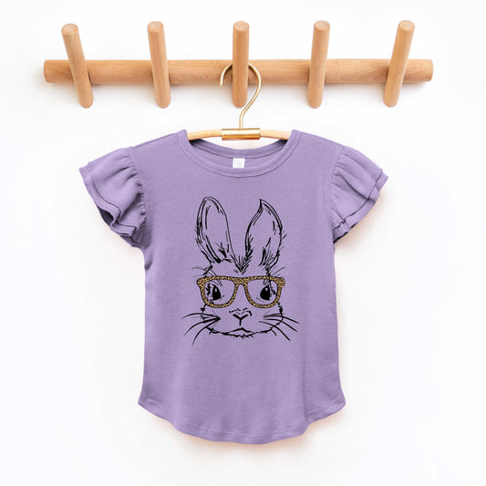 Bunny With Leopard Glasses | Toddler Flutter Sleeve Crew Neck