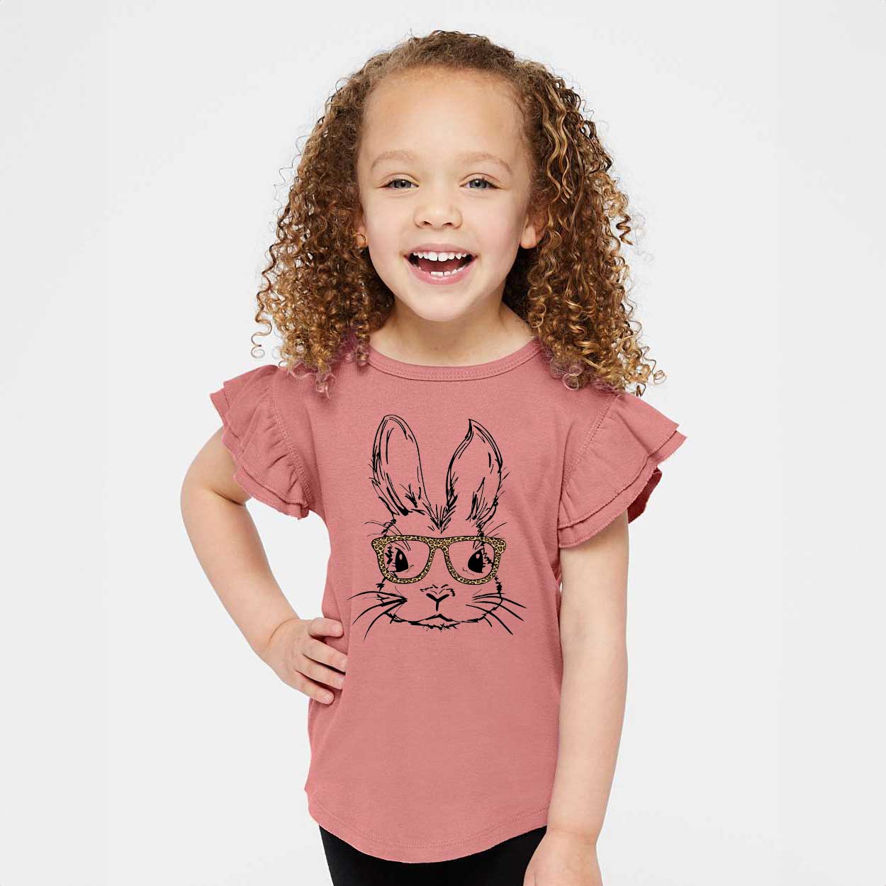 Bunny With Leopard Glasses | Toddler Flutter Sleeve Crew Neck