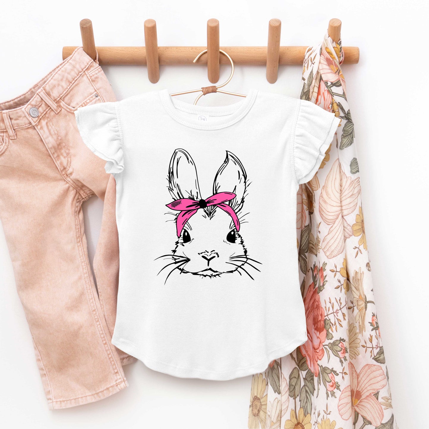 Bunny With Bandana | Toddler Flutter Sleeve Crew Neck