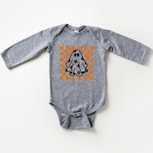 Checkered Flower Ghost | Baby Graphic Long Sleeve Onesie