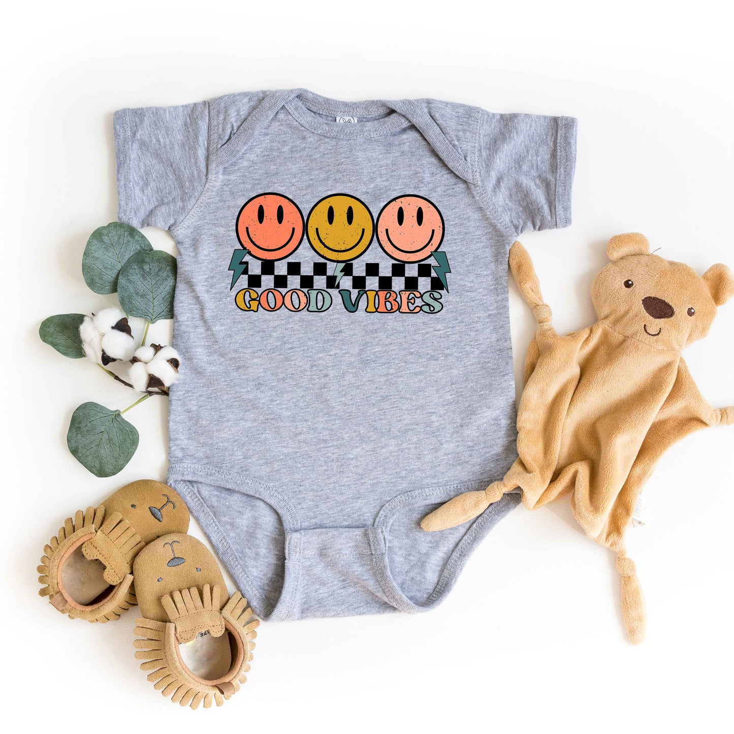 Checkered Good Vibes Smiley Face | Baby Graphic Short Sleeve Onesie