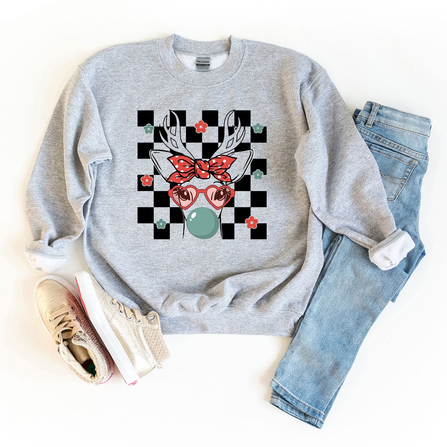 Checkered Reindeer | Youth Graphic Sweatshirt