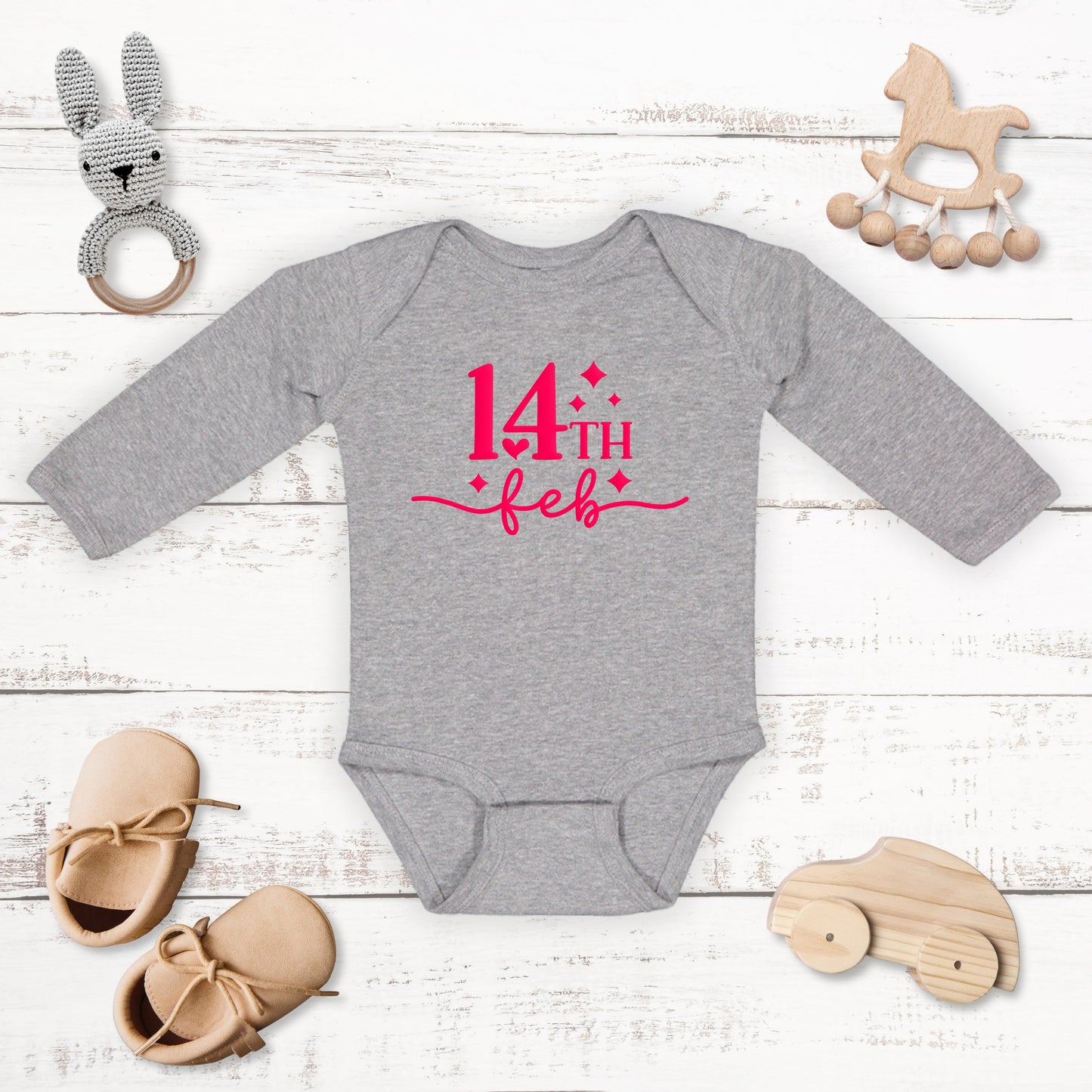 14th Feb Stars Puff Print | Baby Graphic Long Sleeve Onesie