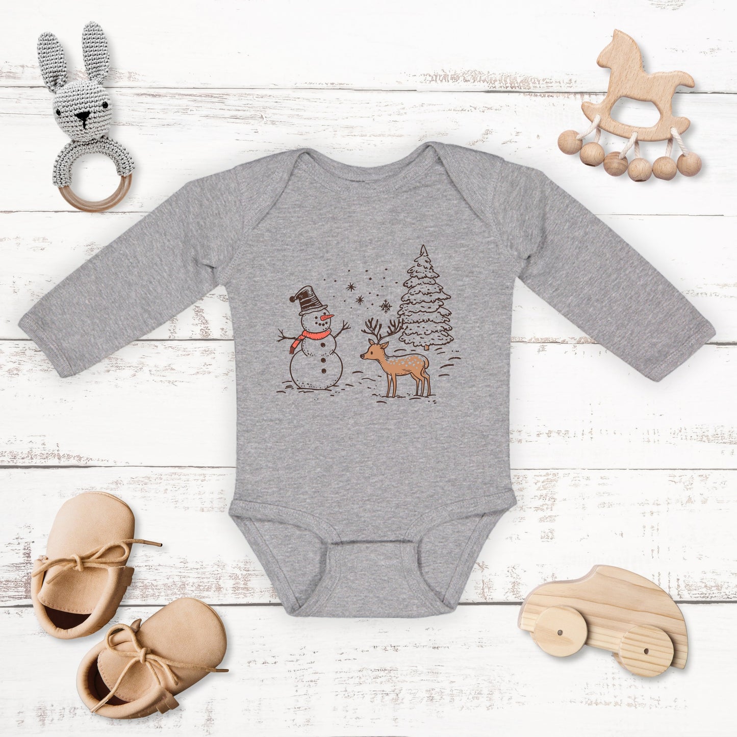 Deer Snowman Scene | Baby Graphic Long Sleeve Onesie