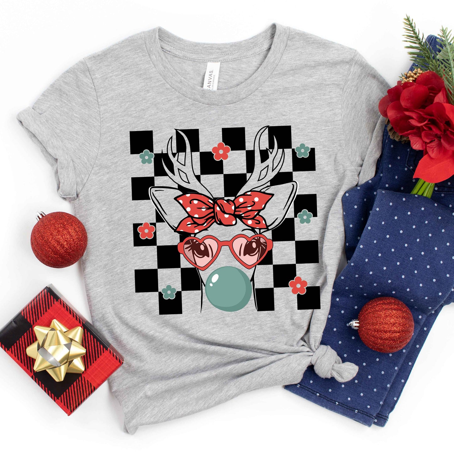 Checkered Reindeer | Youth Graphic Short Sleeve Tee