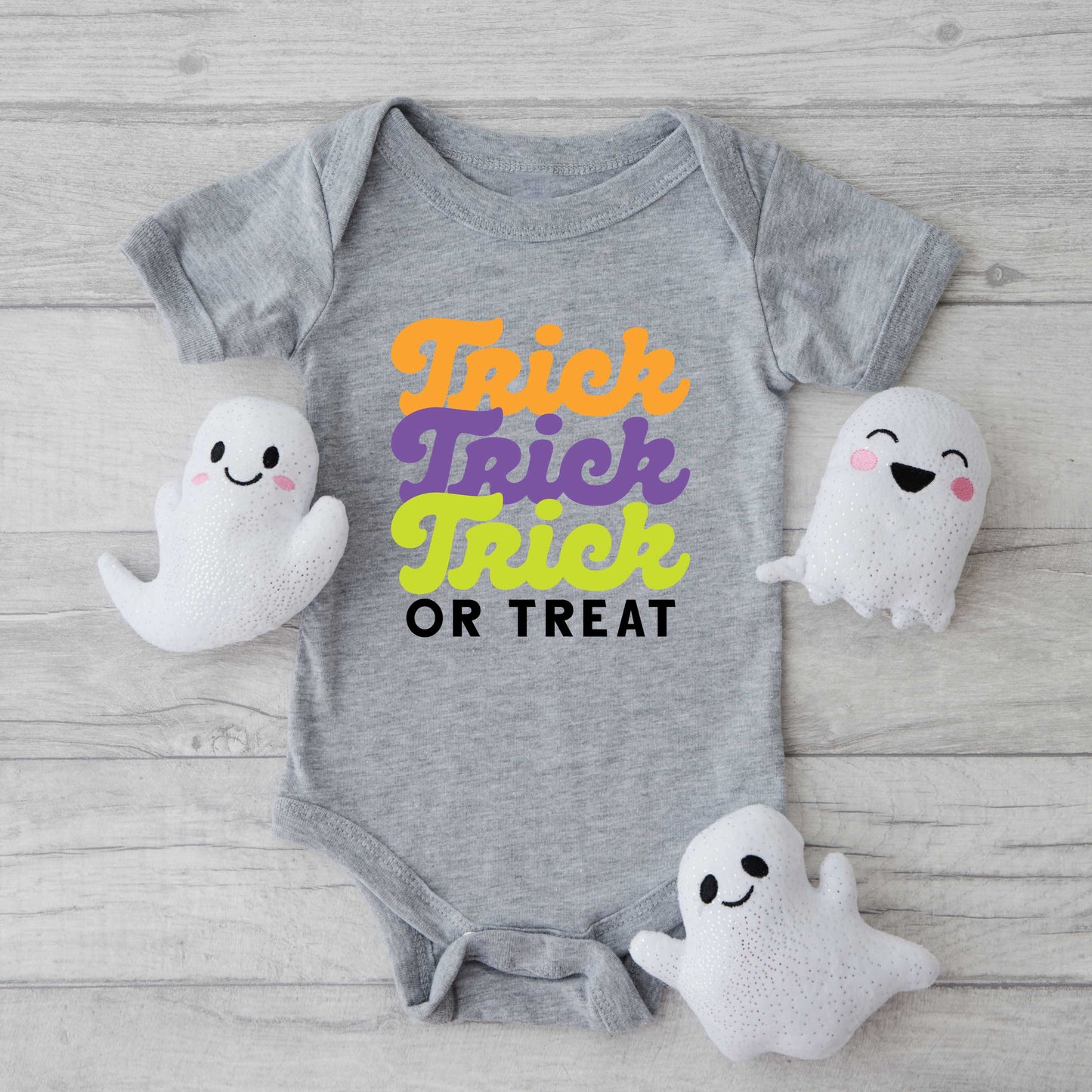 Trick Or Treat Colorful Stacked | Baby Graphic Short Sleeve Onesie