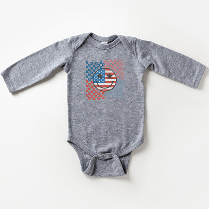 Checkered Patriotic Smiley Face | Baby Long Sleeve Onesie