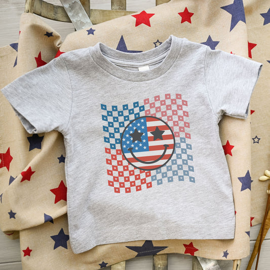 Checkered Patriotic Smily Face | Toddler Short Sleeve Crew Neck