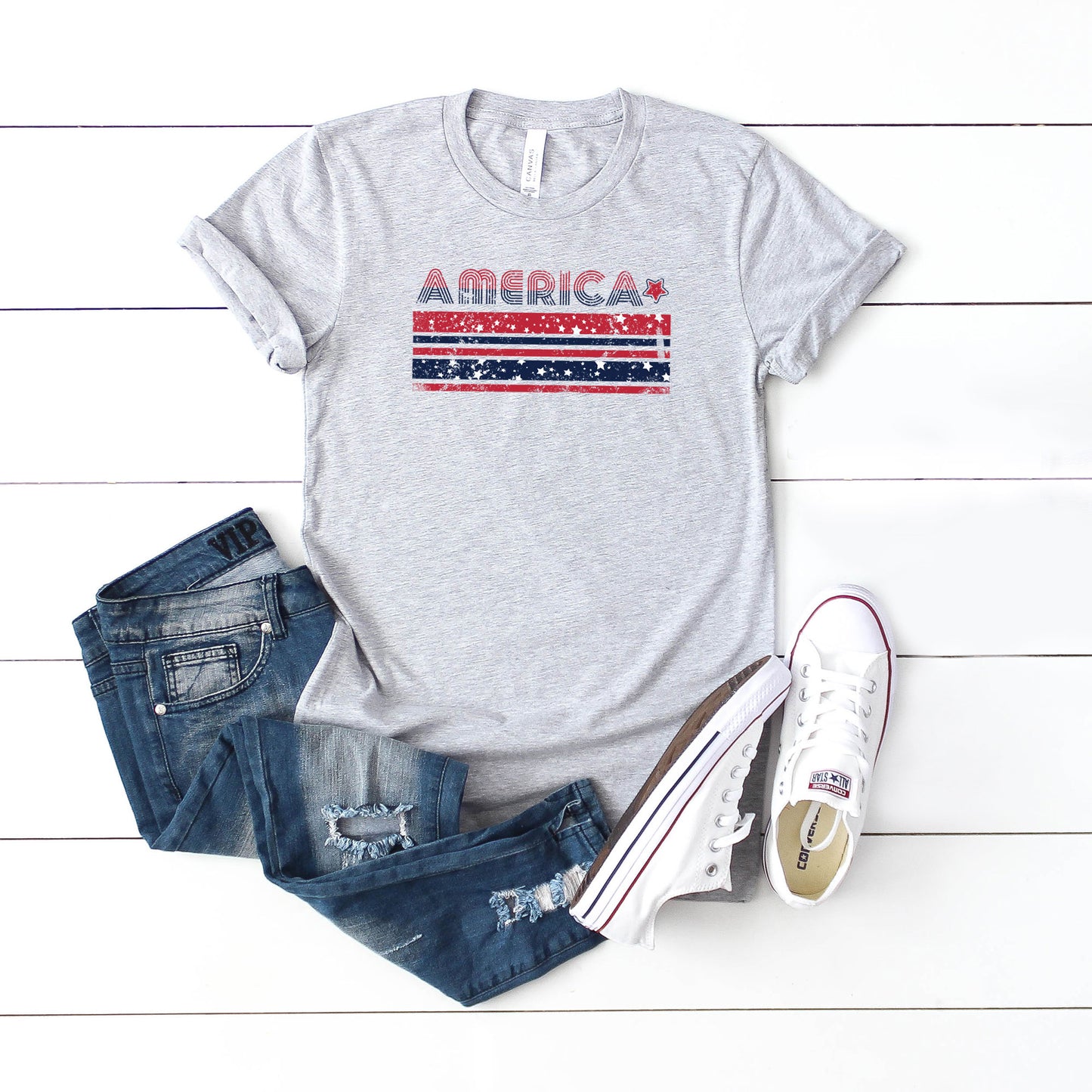 America With Stars And Stripes | Youth Short Sleeve Crew Neck