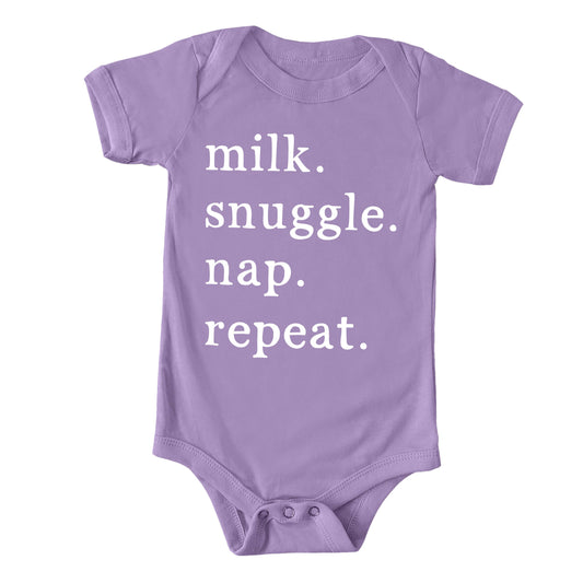 Milk Snuggle Nap Repeat | Baby Graphic Short Sleeve Onesie