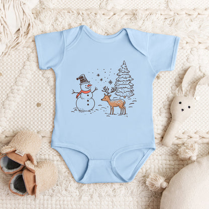 Deer Snowman Scene | Baby Graphic Short Sleeve Onesie