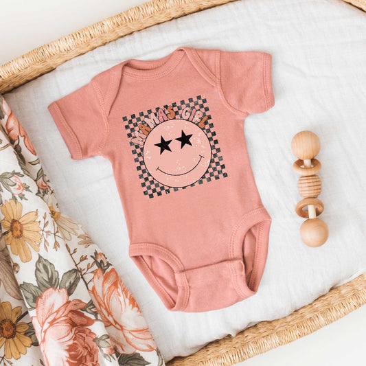 Mama's Girl Checkered Smiley Face | Baby Graphic Short Sleeve Onesie