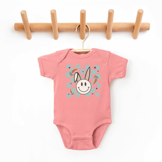 Checkered  Smiley Easter Bunny | Baby Graphic Short Sleeve Onesie