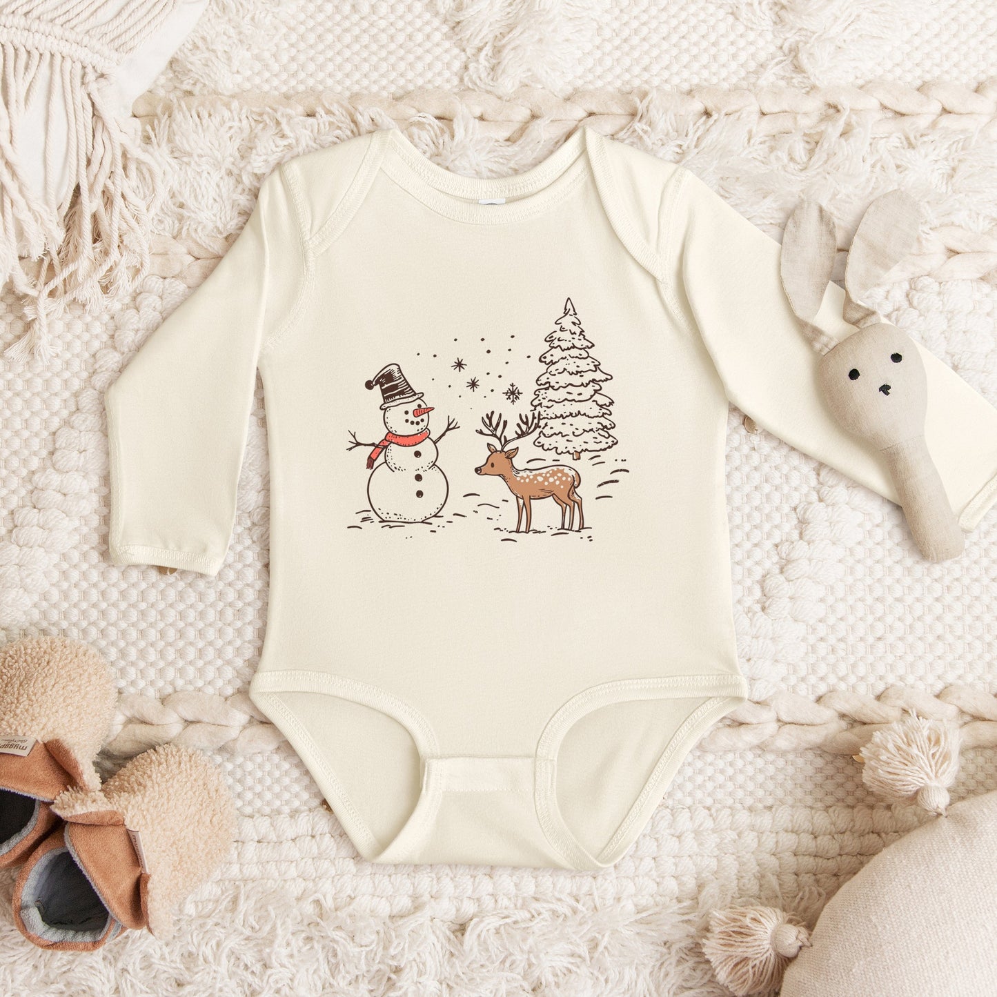 Deer Snowman Scene | Baby Graphic Long Sleeve Onesie