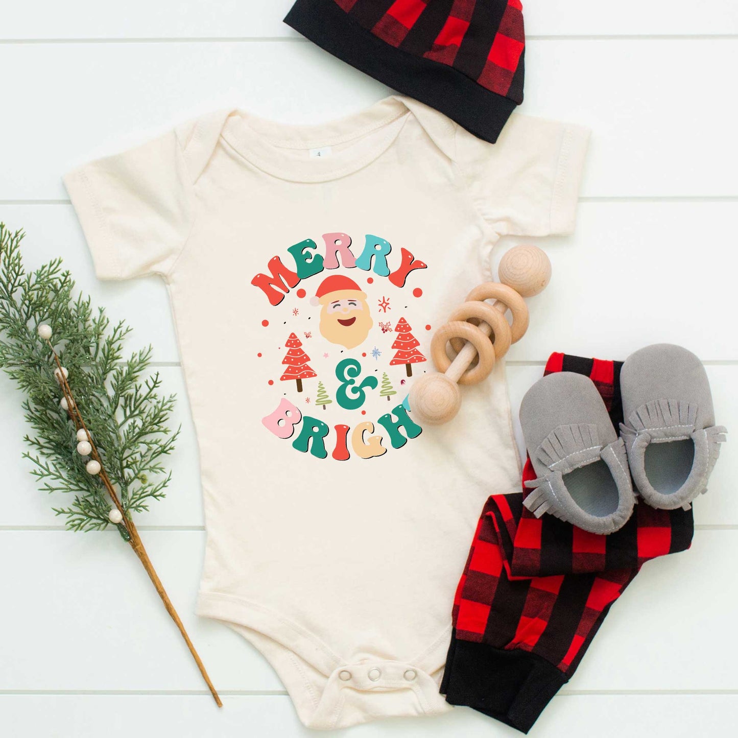 Retro Merry And Bright Santa | Baby Graphic Short Sleeve Onesie