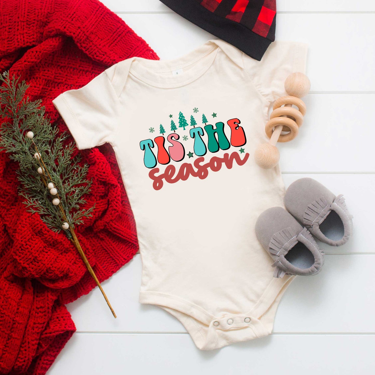 Retro Tis The Season Trees | Baby Graphic Short Sleeve Onesie