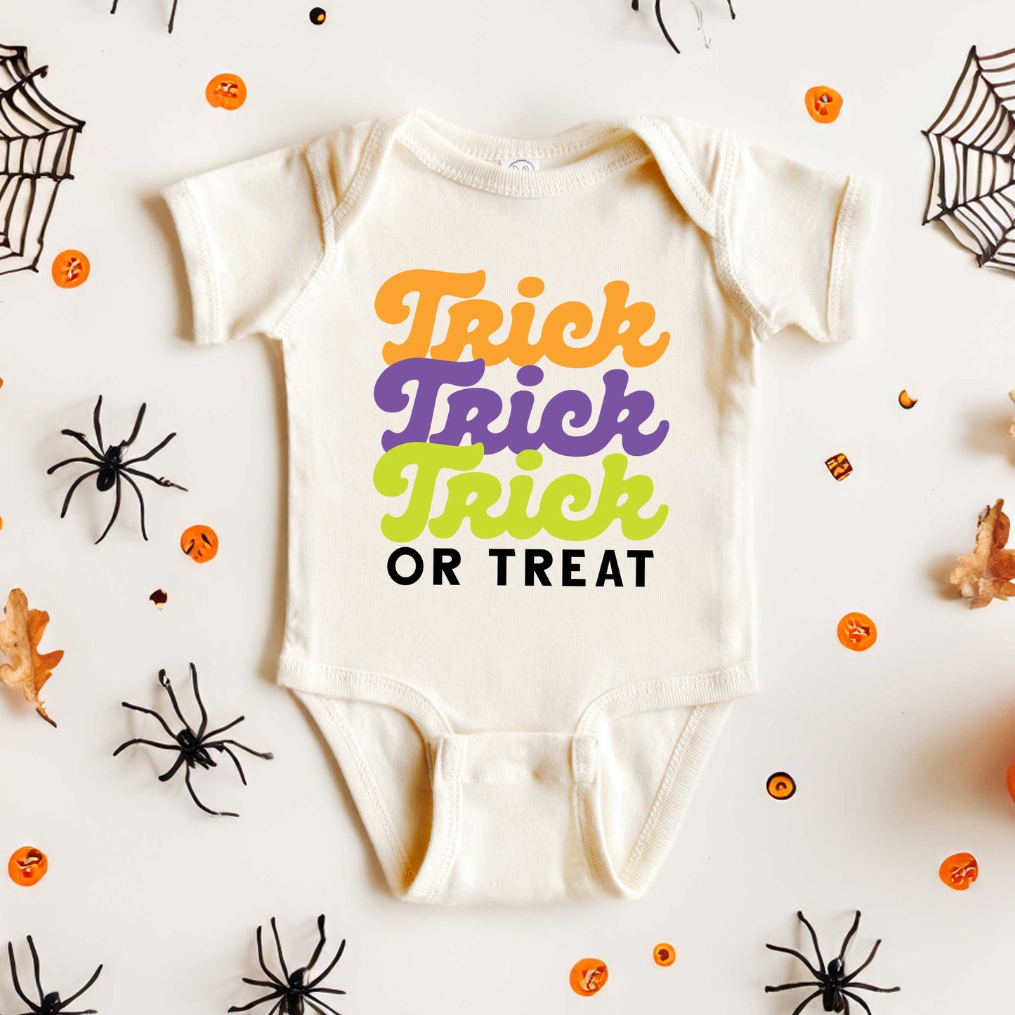 Trick Or Treat Colorful Stacked | Baby Graphic Short Sleeve Onesie