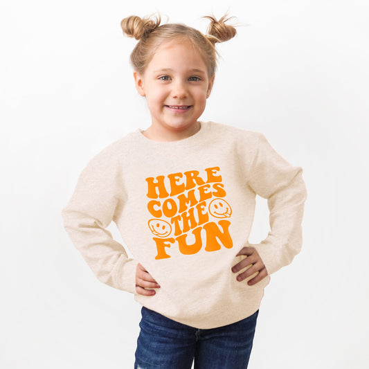 Here Comes The Fun Puff Print | Youth Ultra-Soft Graphic Sweatshirt