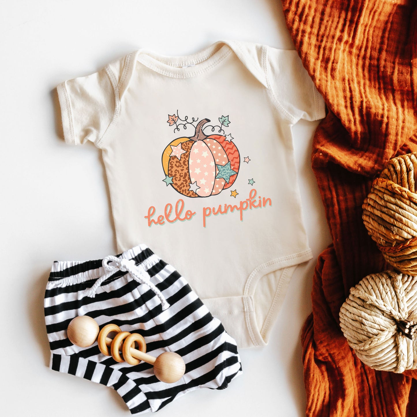 Hello Pumpkin Colorful Stars | Baby Graphic Short Sleeve Onesie