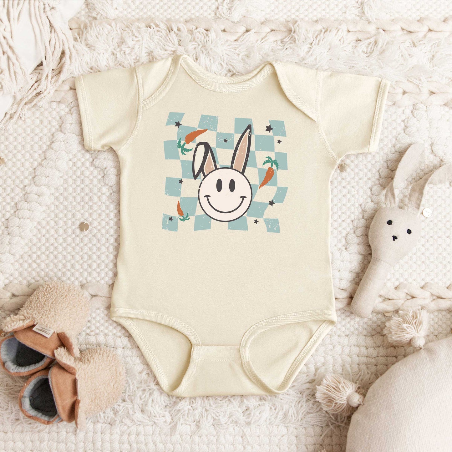 Checkered Smiley Easter Bunny | Baby Graphic Short Sleeve Onesie