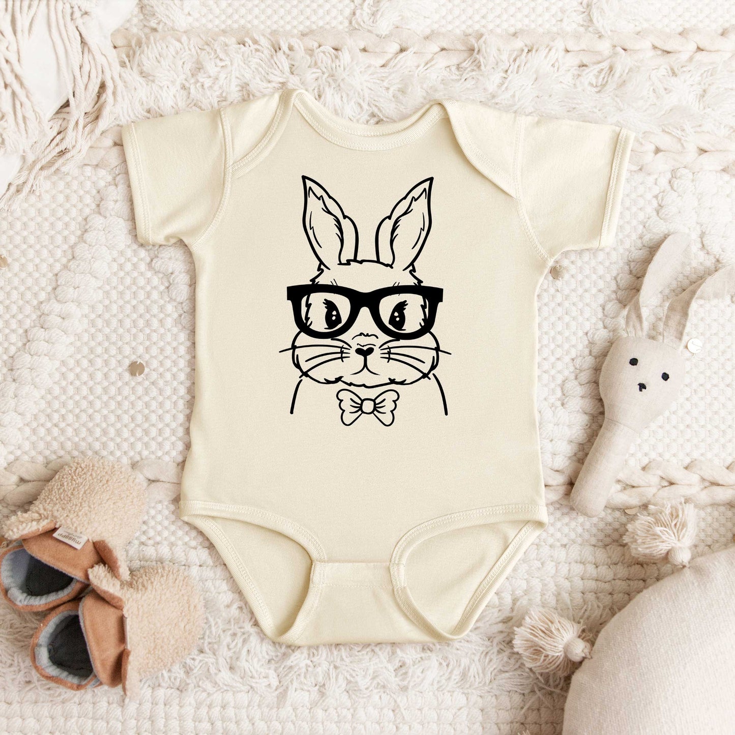 Bunny Face With Bowtie | Baby Graphic Short Sleeve Onesie