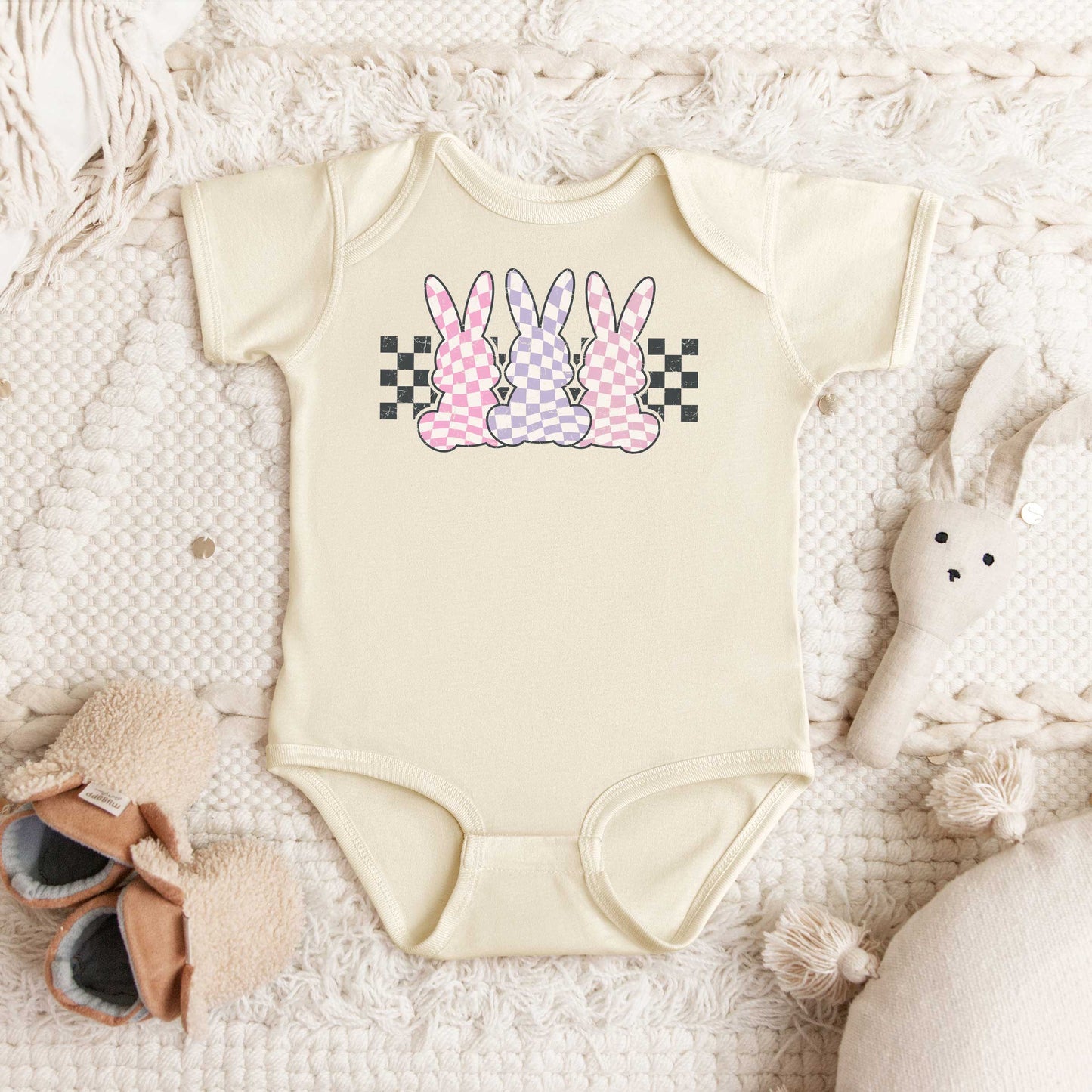 Checkered Triple Bunnies | Baby Graphic Short Sleeve Onesie