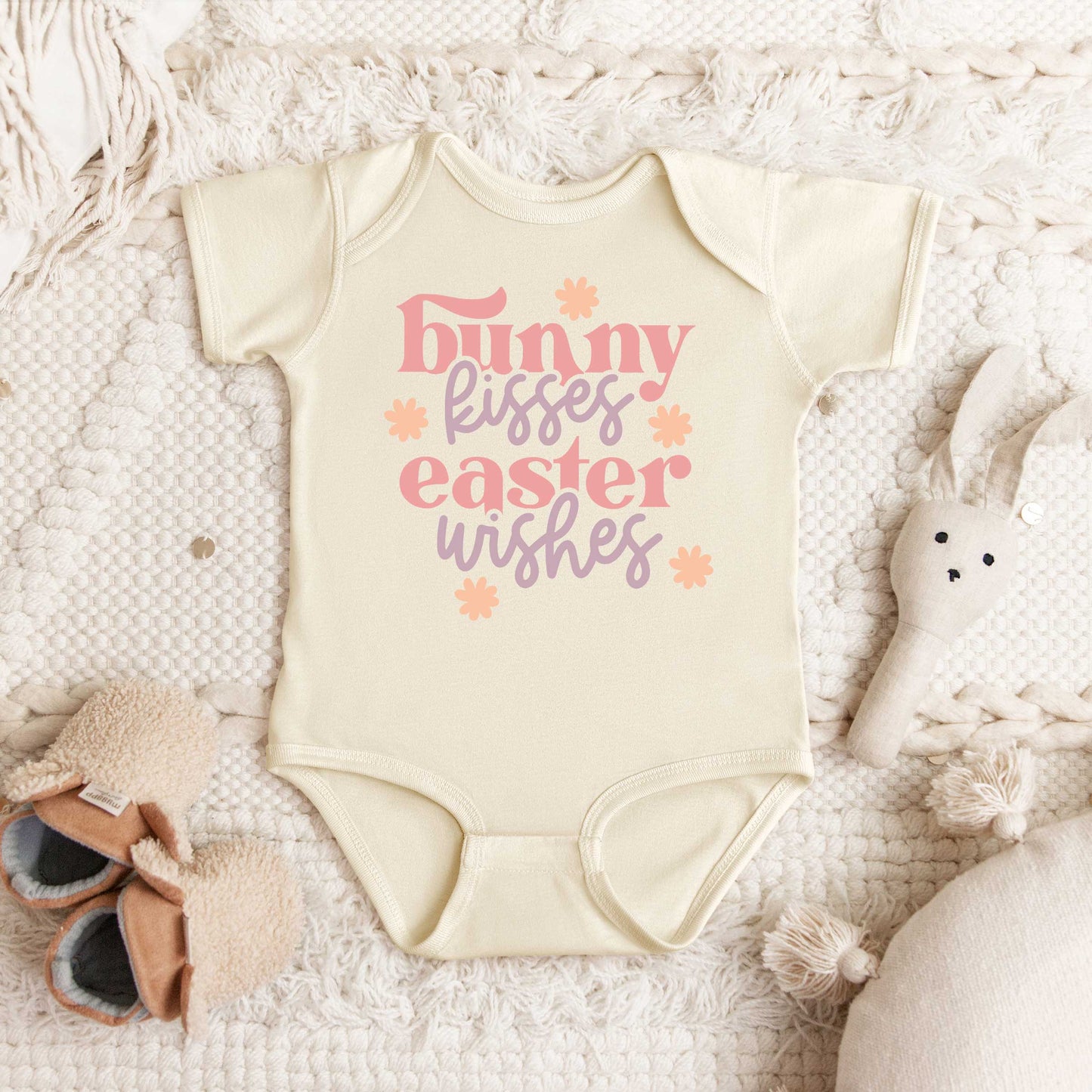 Bunny Kisses Easter Wishes Flowers | Baby Graphic Short Sleeve Onesie