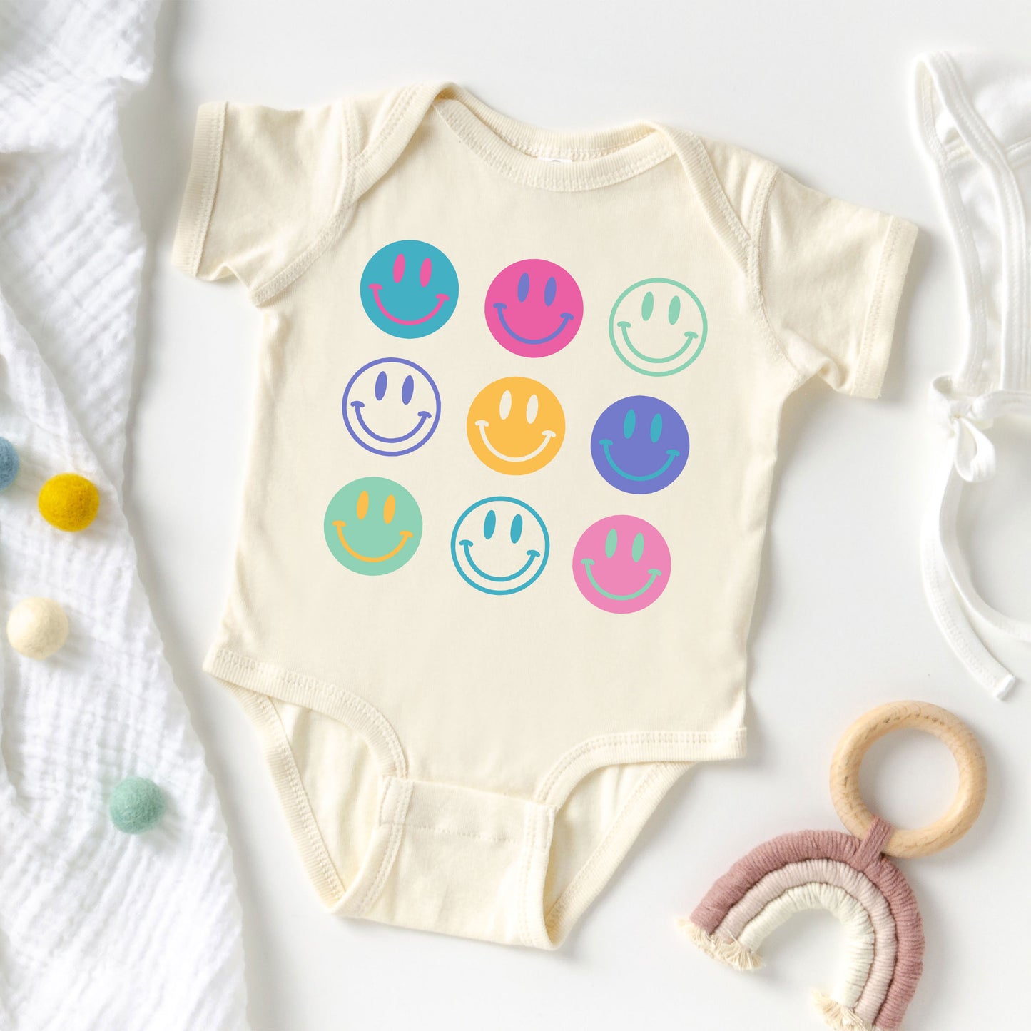 Stacked Smiley Faces | Baby Graphic Short Sleeve Onesie