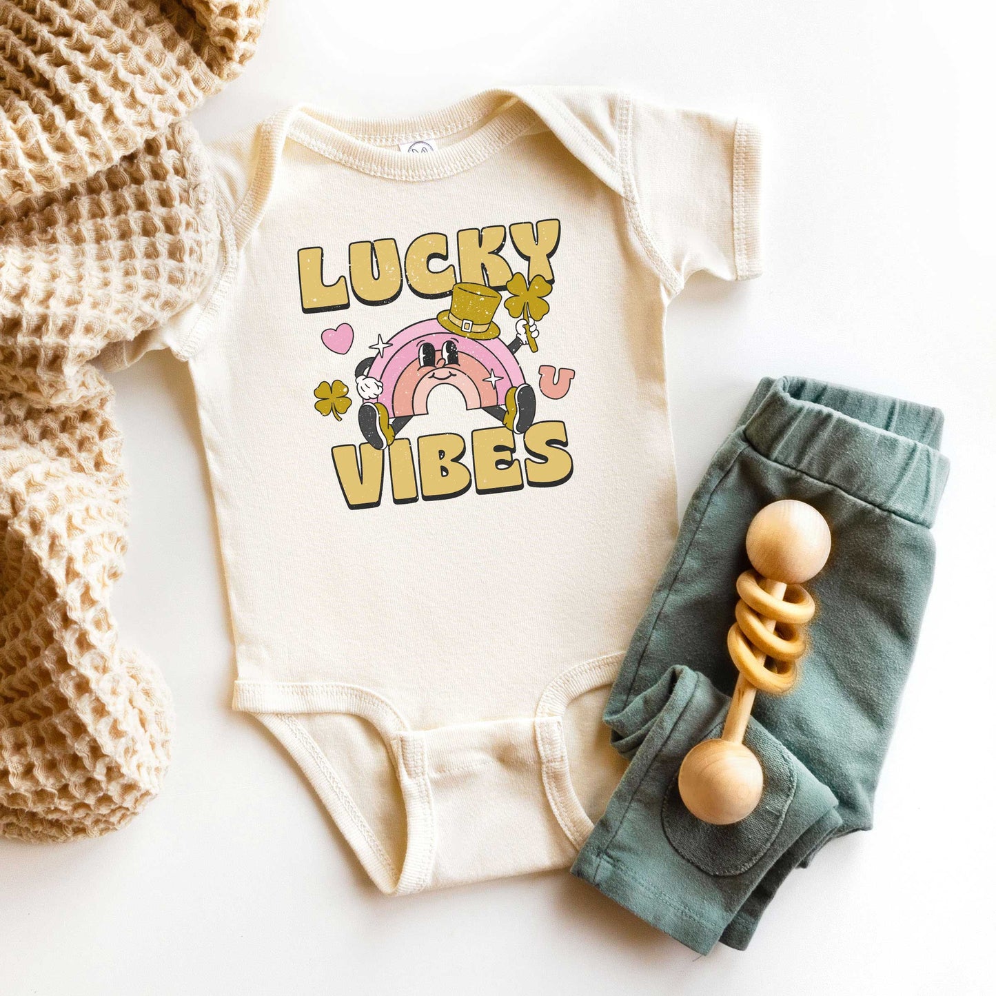 Lucky Vibes Cartoon Rainbow | Baby Graphic Short Sleeve Onesie