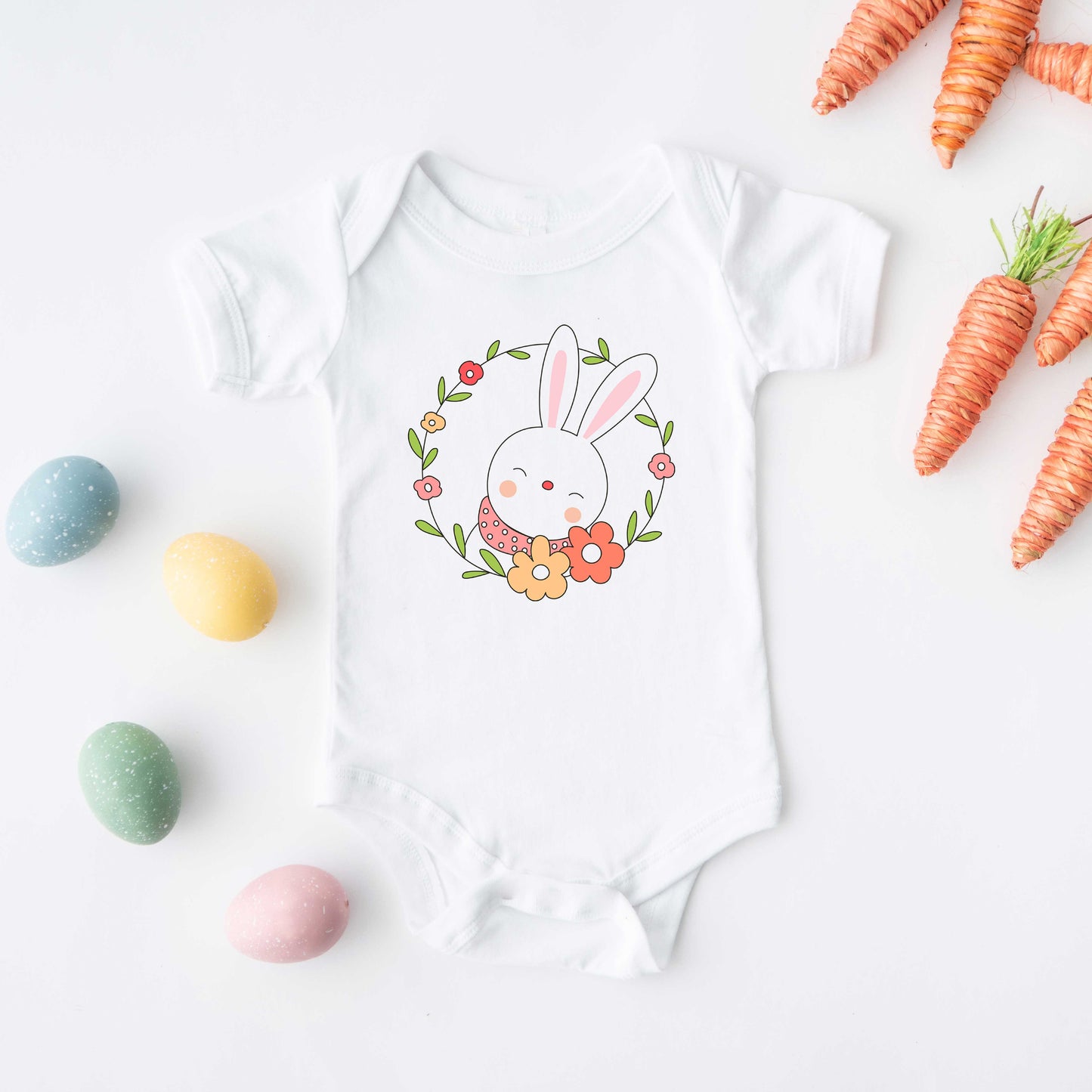 Easter Bunny Flower Wreath | Baby Graphic Short Sleeve Onesie