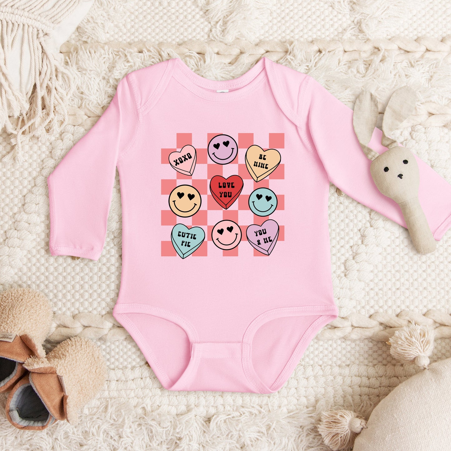 Candy Heart Smile Solid | Baby Graphic Long Sleeve Onesie