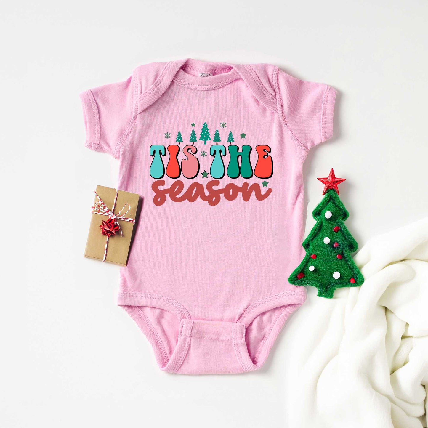 Retro Tis The Season Trees | Baby Graphic Short Sleeve Onesie