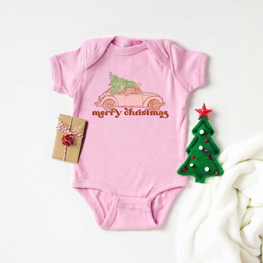 Merry Christmas Pink Car | Baby Graphic Short Sleeve Onesie