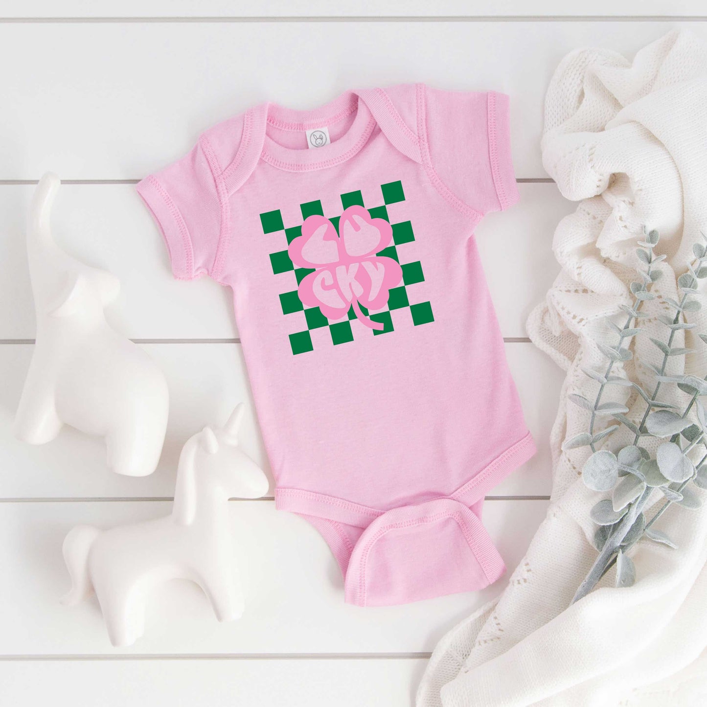 Lucky Clover Checkered | Baby Graphic Short Sleeve Onesie