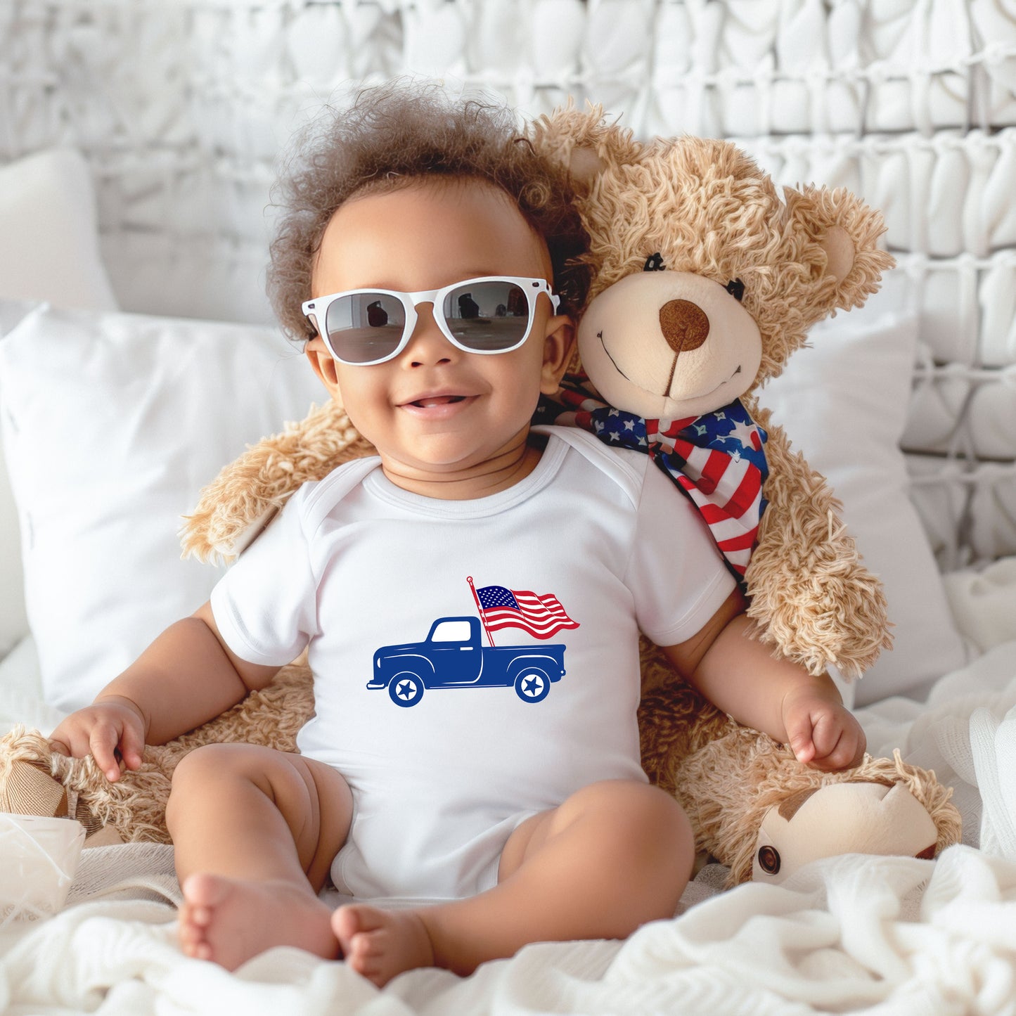 Truck With Flag | Baby Graphic Short Sleeve Onesie