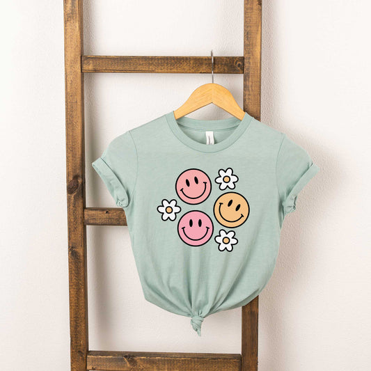 Groovy Flower Smiley Face | Youth Short Sleeve Crew Neck