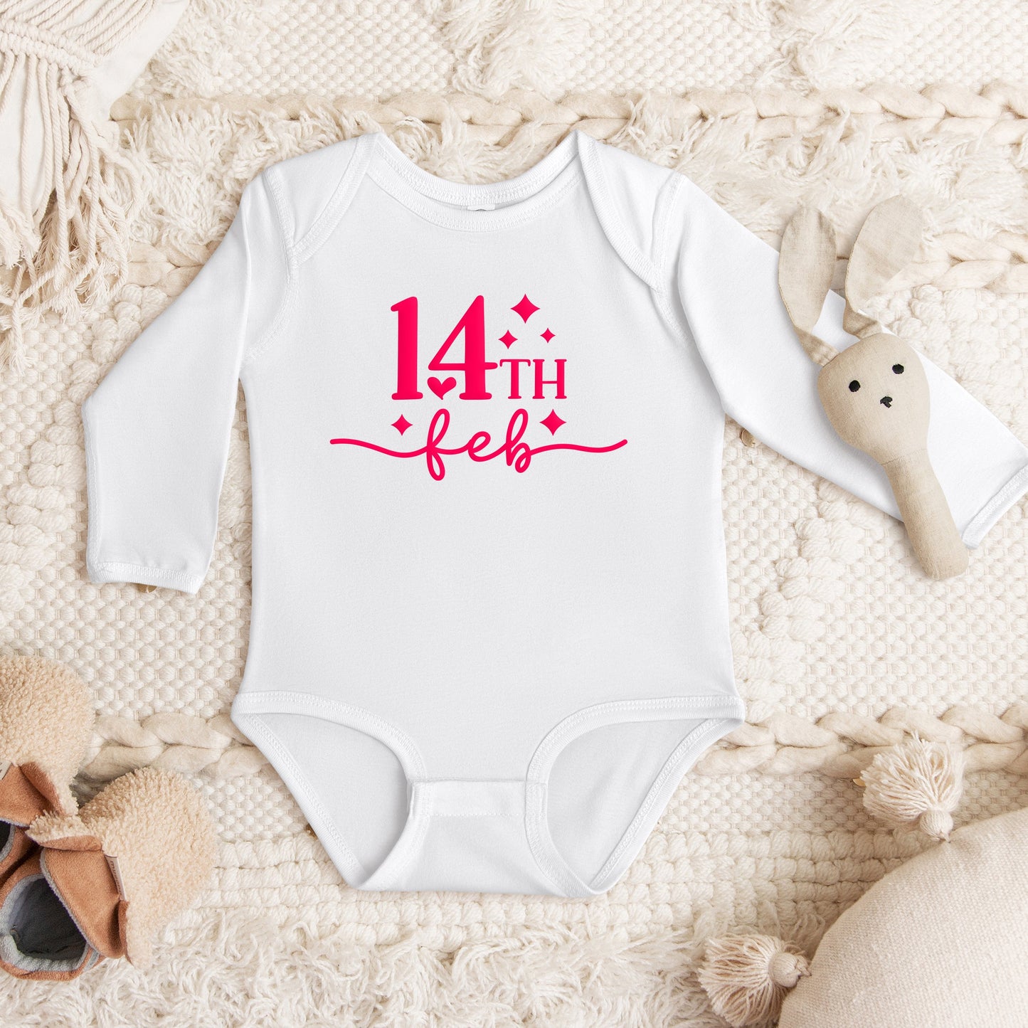 14th Feb Stars Puff Print | Baby Graphic Long Sleeve Onesie