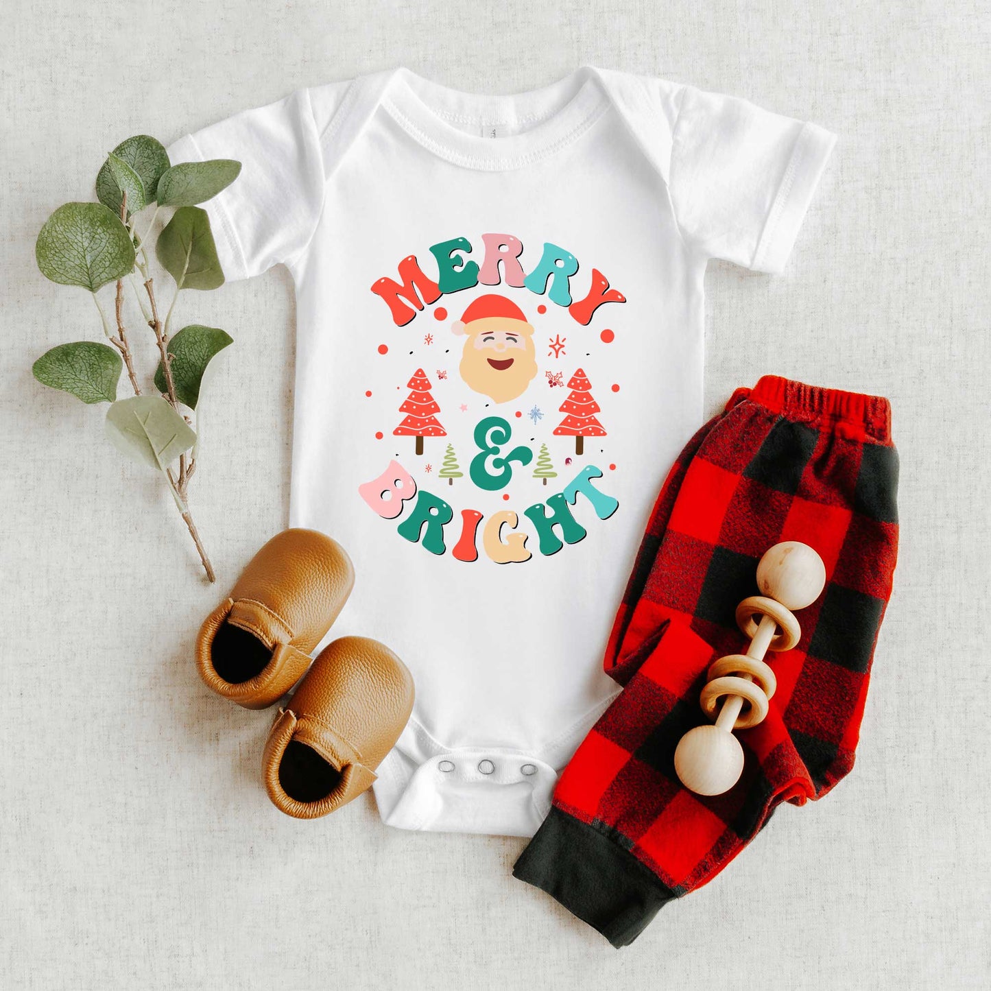 Retro Merry And Bright Santa | Baby Graphic Short Sleeve Onesie