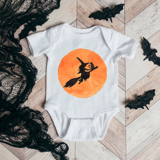 Watercolor Witch On Broom | Baby Graphic Short Sleeve Onesie