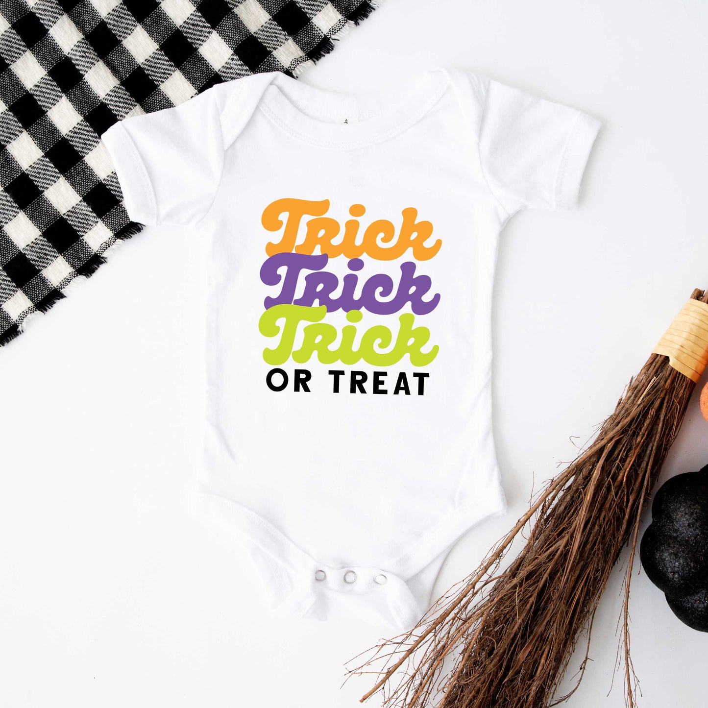 Trick Or Treat Colorful Stacked | Baby Graphic Short Sleeve Onesie